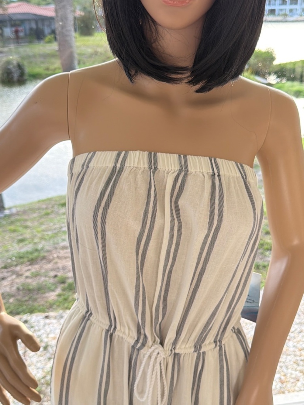 Japna Strapless Vertical-Stripe Jumpsuit in White and Charcoal Grey - Picture 7 of 10